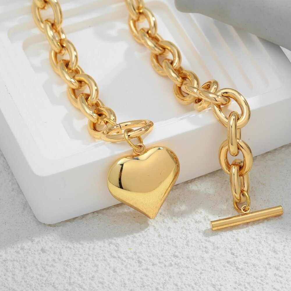 Gold Chunky Chain Necklace Women Puffy Heart Pendant Brass 19 Inch - Picture 4 of 8